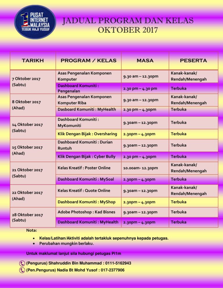 JADUAL PROGRAM DAN KELAS OKTOBER 2017 1