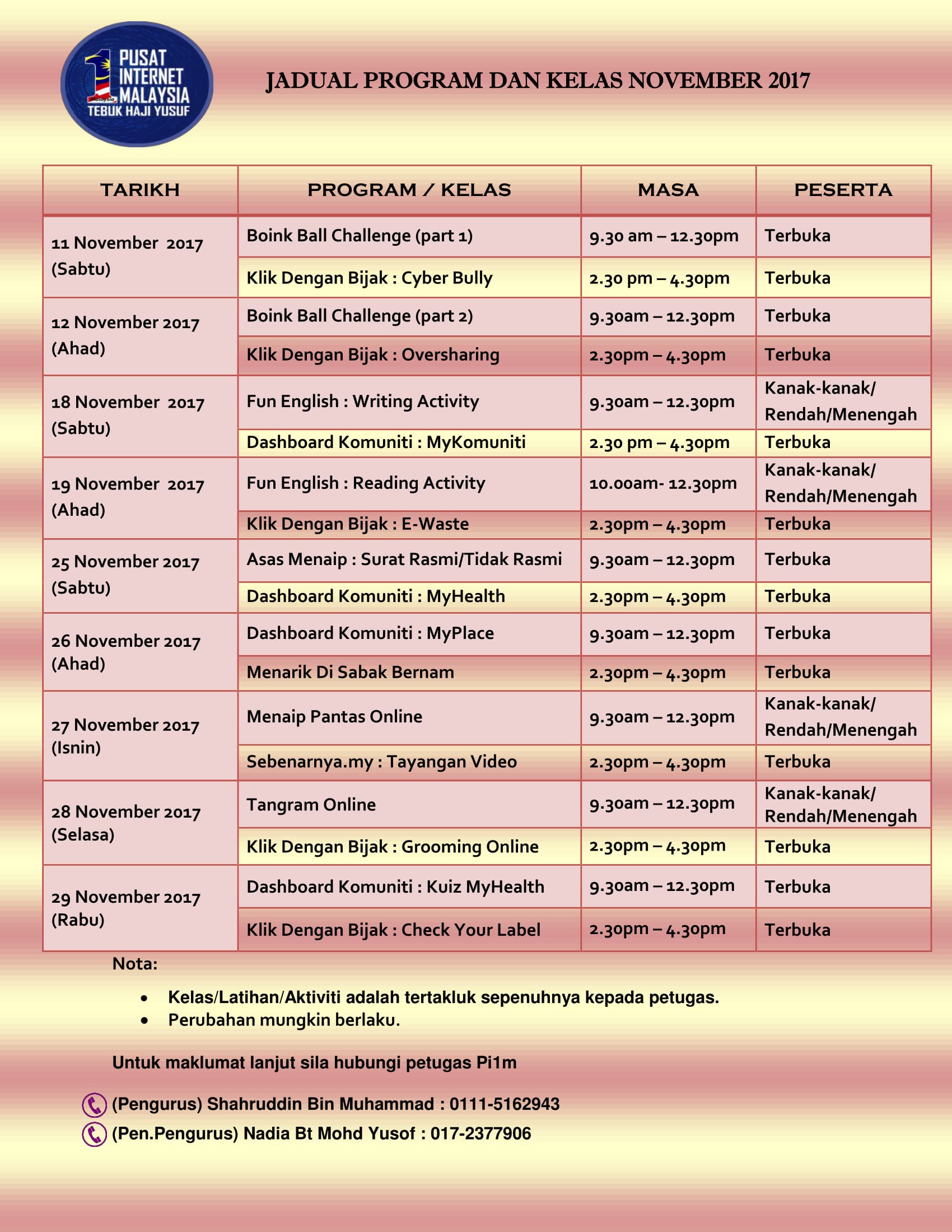 JADUAL PROGRAM DAN KELAS NOVEMBER 2017 2