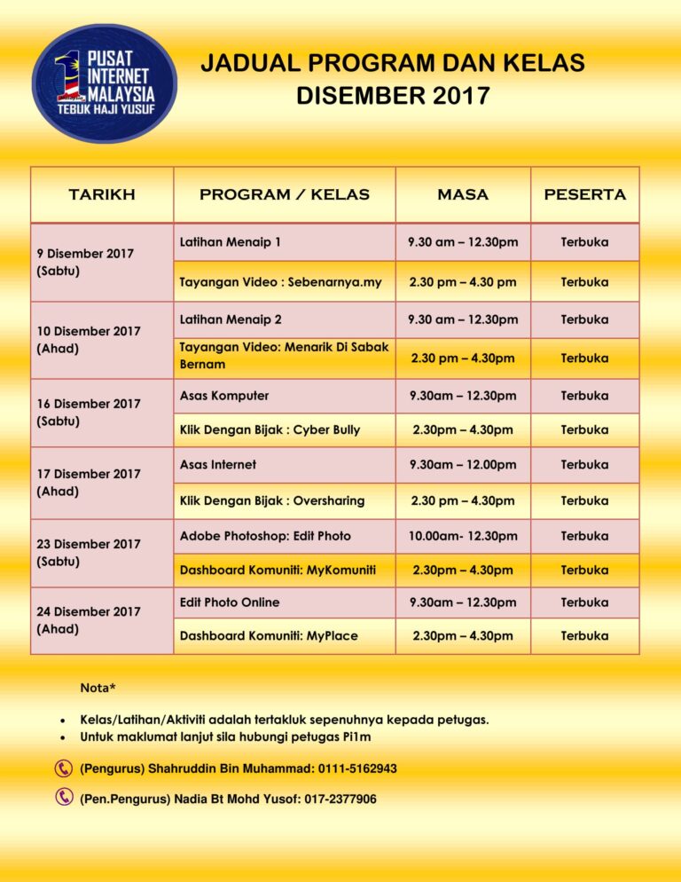 JADUAL PROGRAM DAN KELAS DISEMBER 2017 1